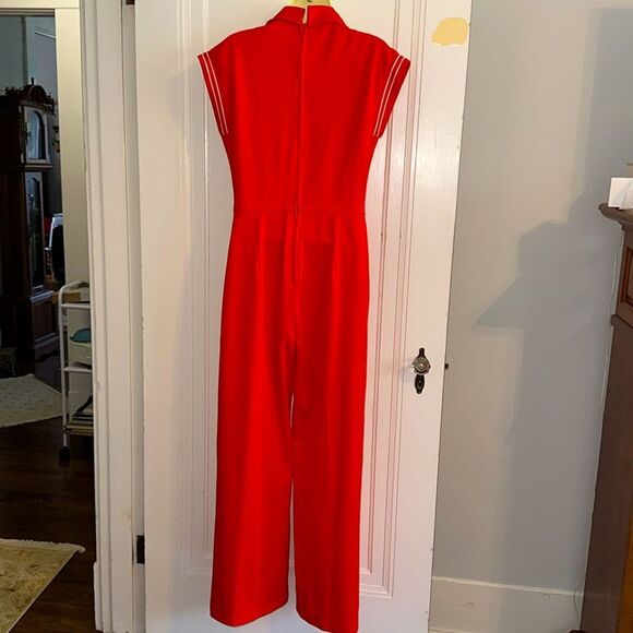 Vintage 70s Melissa Lane Tomato Red Double Knit Polyester Wide Leg Jumpsuit - Picture 7 of 8
